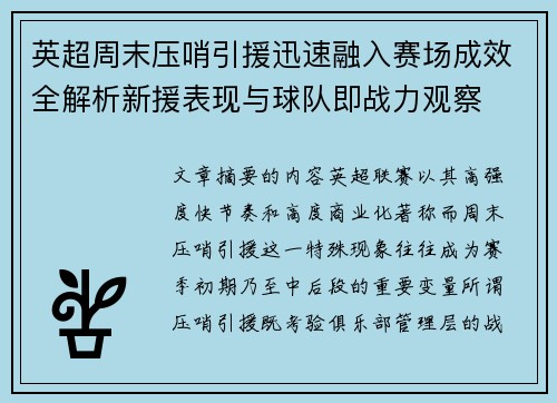 英超周末压哨引援迅速融入赛场成效全解析新援表现与球队即战力观察