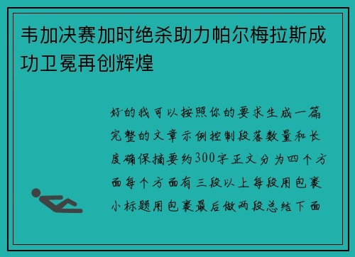 韦加决赛加时绝杀助力帕尔梅拉斯成功卫冕再创辉煌