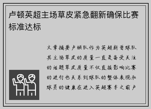 卢顿英超主场草皮紧急翻新确保比赛标准达标 卢顿英超主场草皮紧急翻新确保比赛标准达标